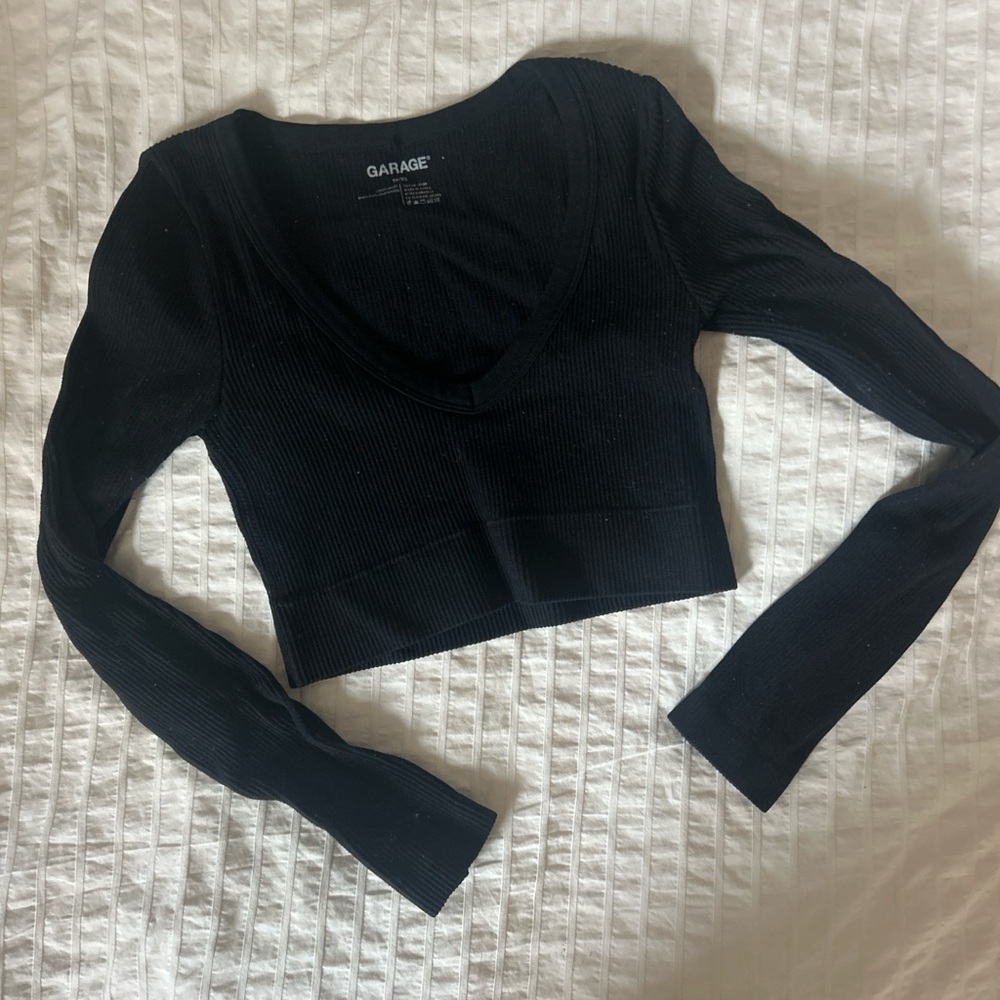 Garage Black Ribbed Long Sleeve Scoop Neck Crop Top